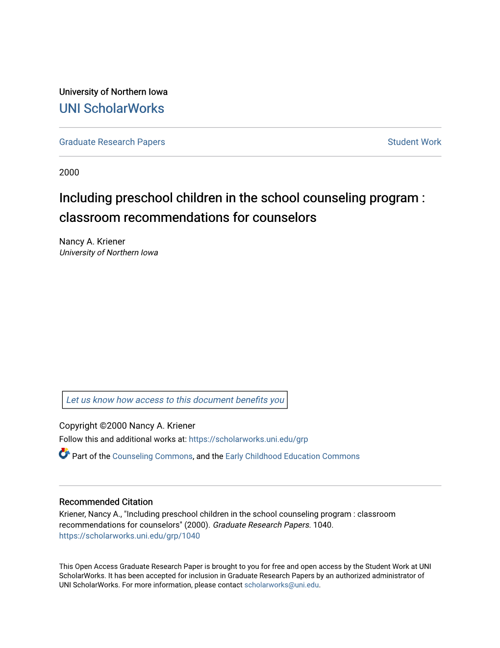 Including Preschool Children in the School Counseling Program : Classroom Recommendations for Counselors