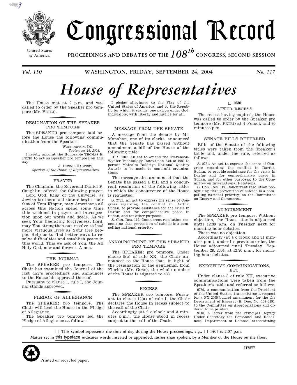 Congressional Record United States Th of America PROCEEDINGS and DEBATES of the 108 CONGRESS, SECOND SESSION