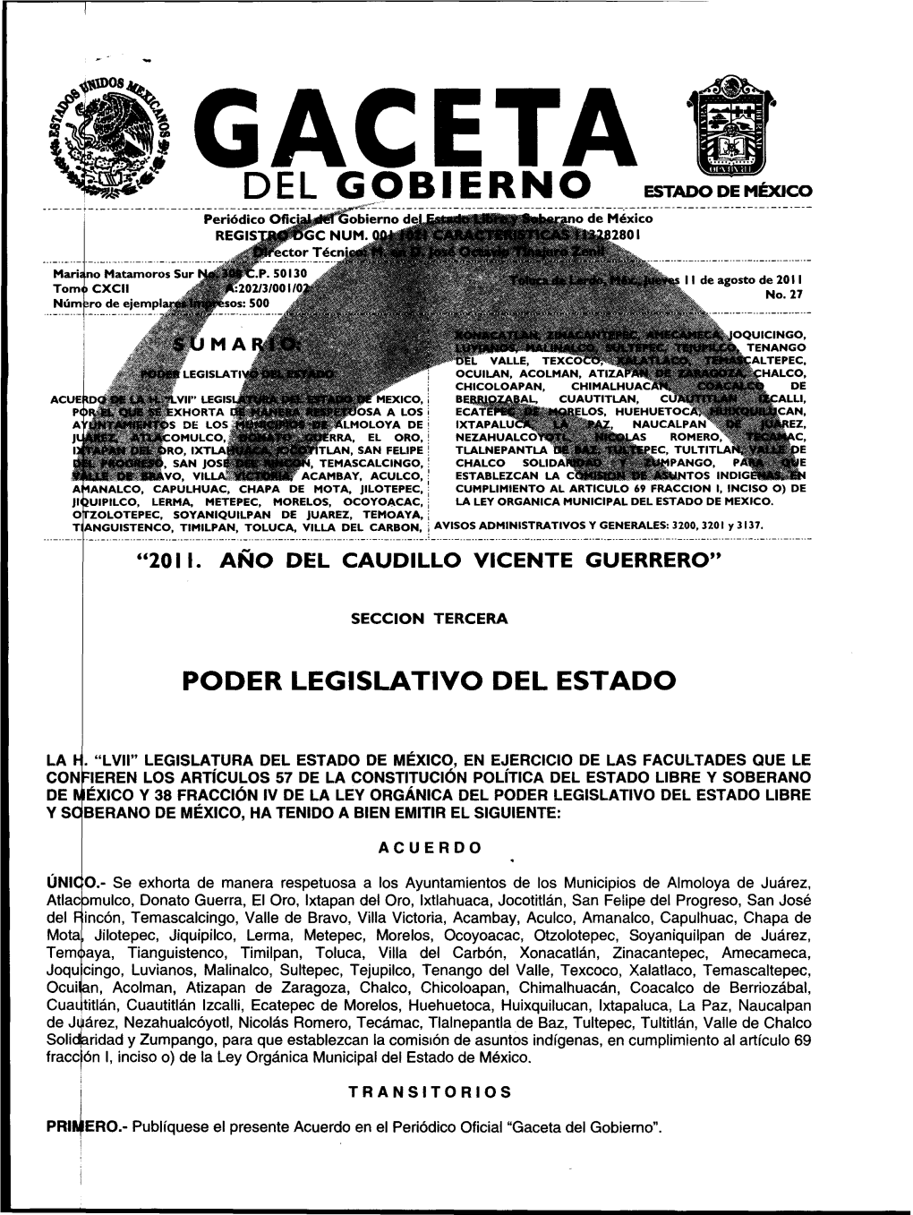 DEL GOBIERNO ESTADO DE MÉXICO - Periódico Ofic�� Obierno D� O De México REGIST� GC NUM.� 2801 Director Técn� Mari No Matamoros Sur No