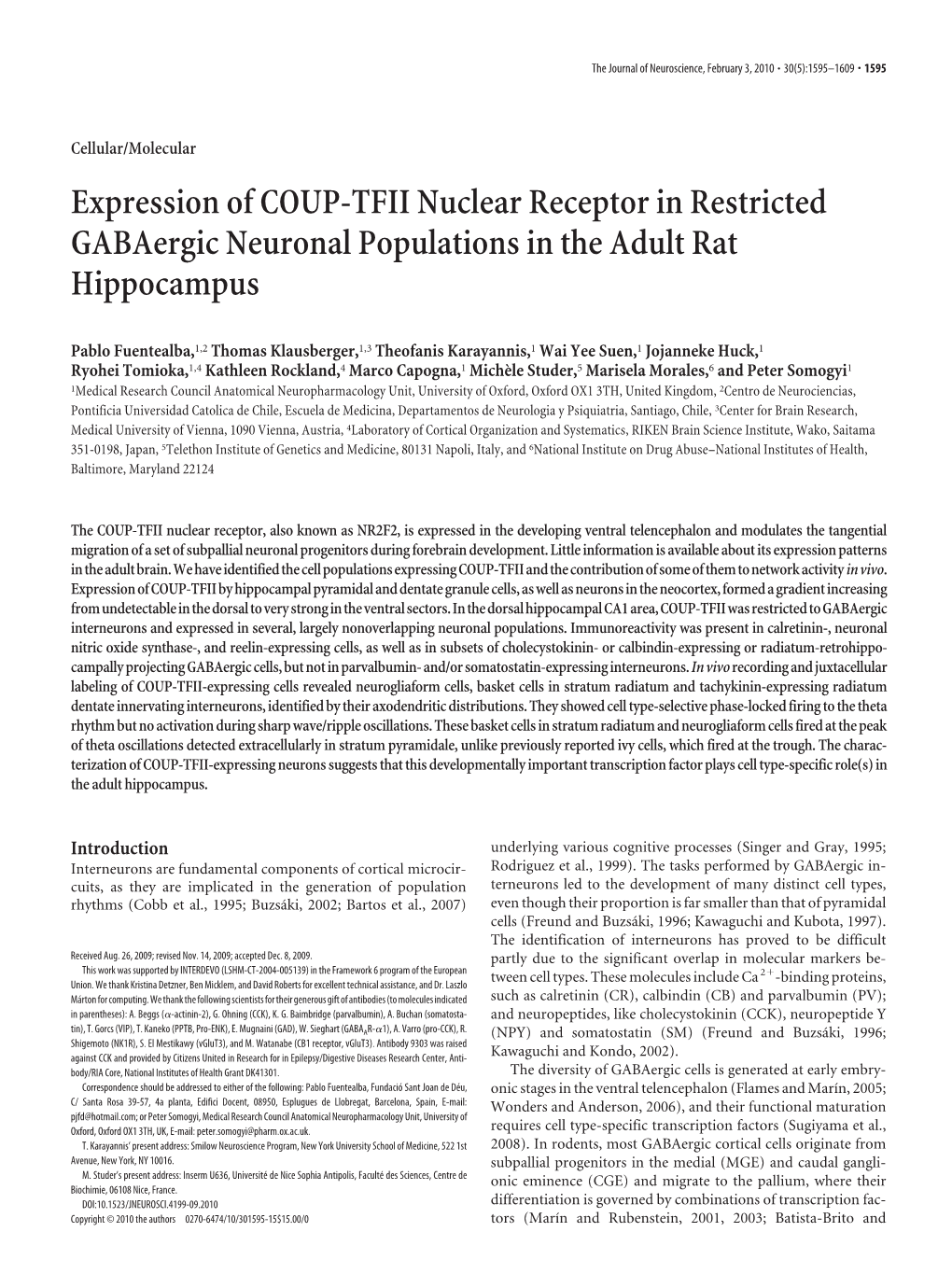 Expression of COUP-TFII Nuclear Receptor in Restricted Gabaergic Neuronal Populations in the Adult Rat Hippocampus