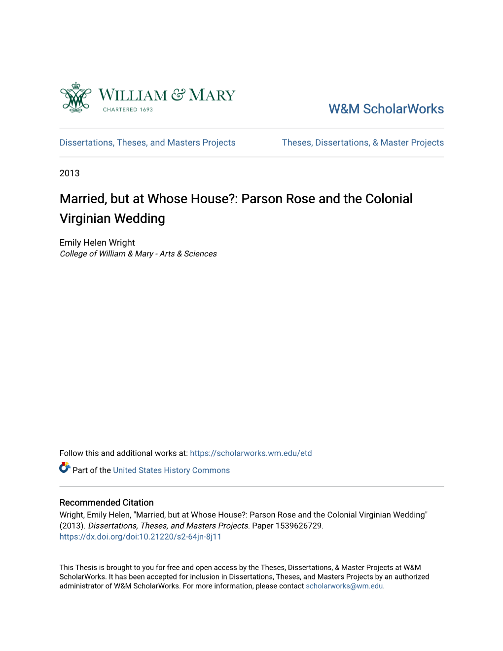 Married, but at Whose House?: Parson Rose and the Colonial Virginian Wedding