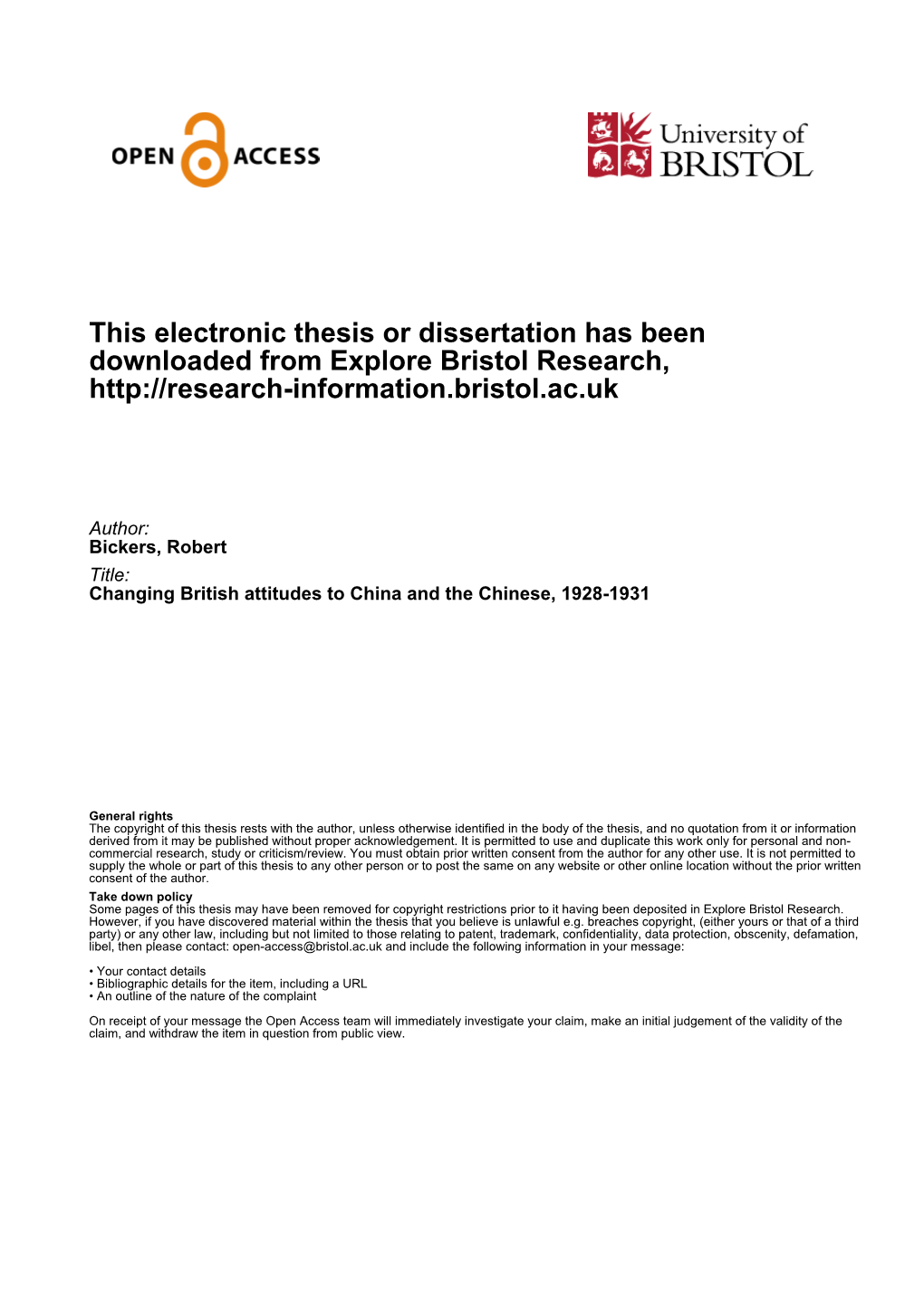 This Electronic Thesis Or Dissertation Has Been Downloaded from Explore Bristol Research