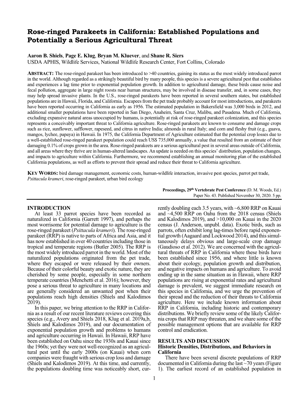 Rose-Ringed Parakeets in California: Established Populations and Potentially a Serious Agricultural Threat