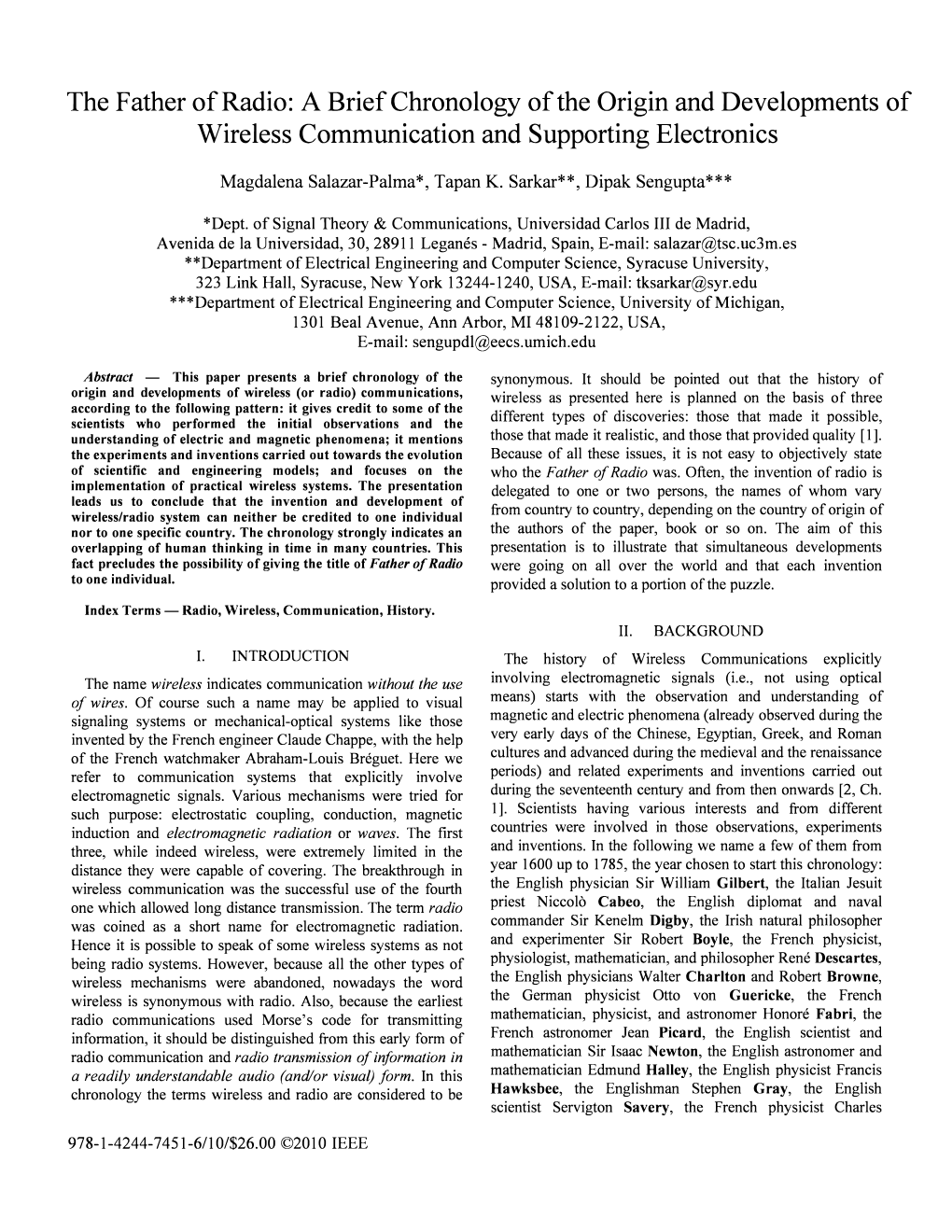 The Father of Radio: a Brief Chronology of the Origin and Developments of Wireless Communication and Supporting Electronics