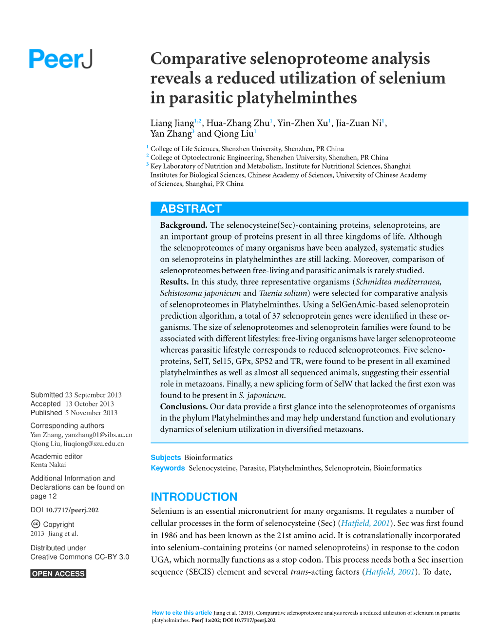 Comparative Selenoproteome Analysis Reveals a Reduced Utilization of Selenium in Parasitic Platyhelminthes