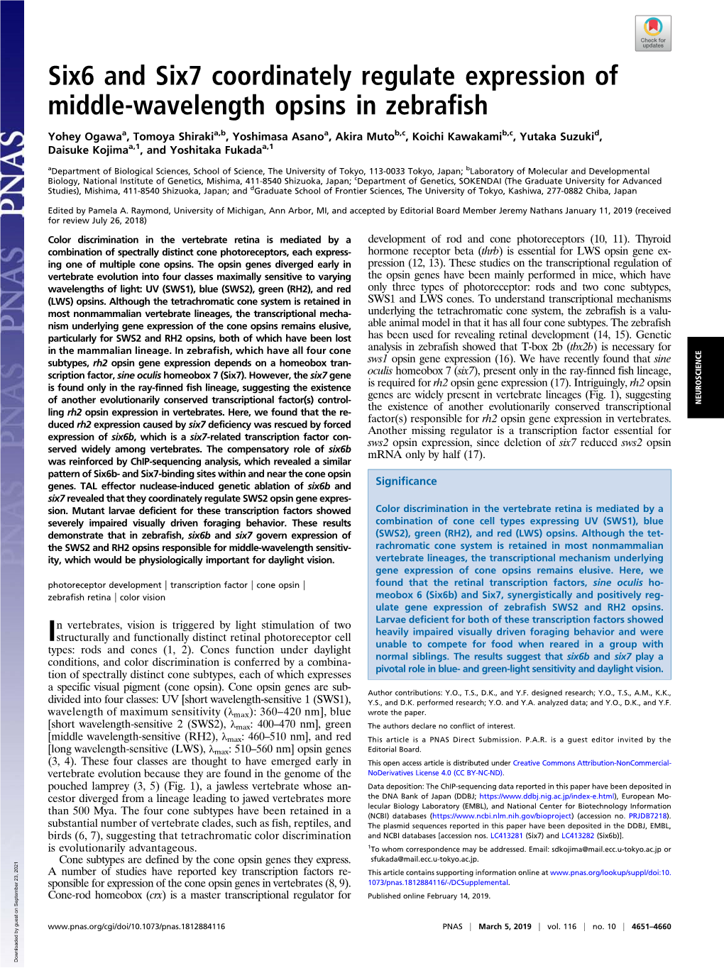 Six6 and Six7 Coordinately Regulate Expression of Middle-Wavelength Opsins in Zebrafish