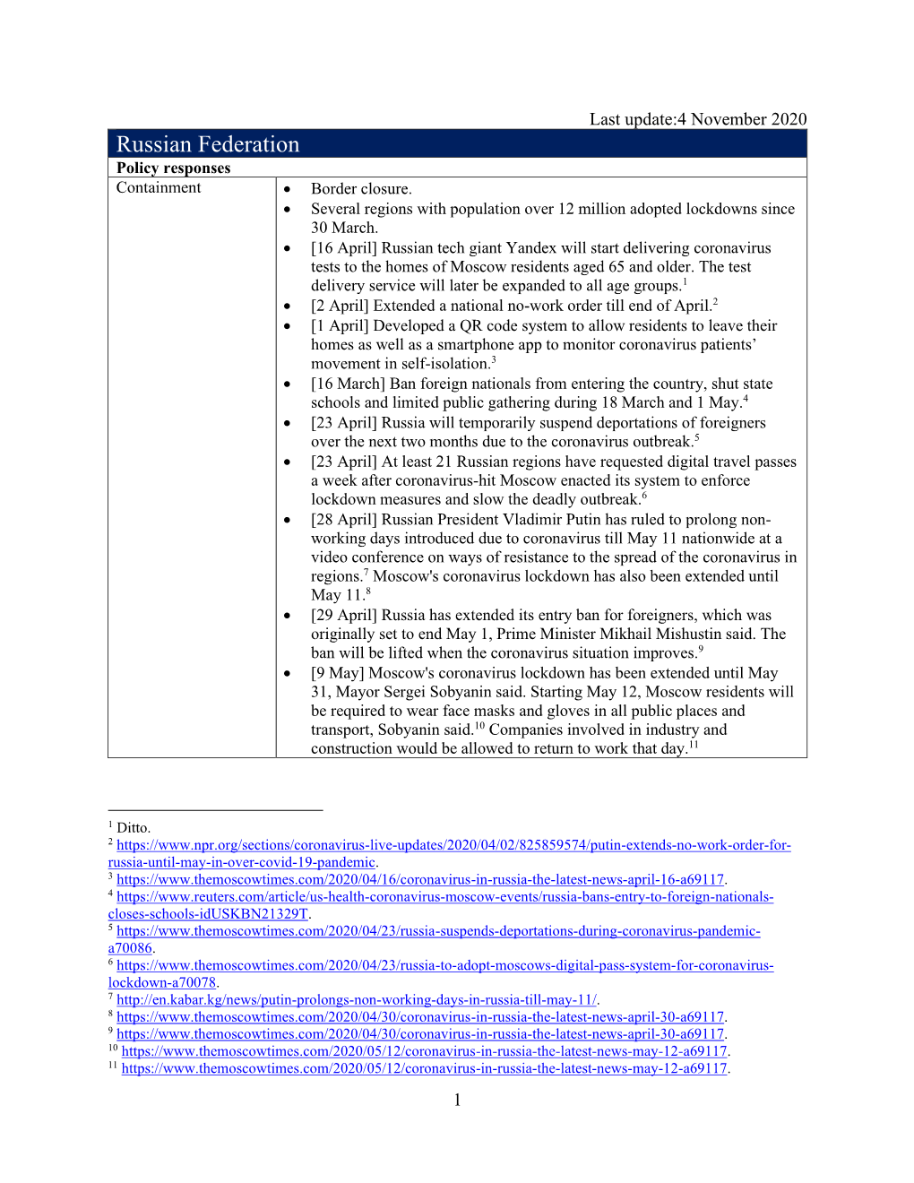 Russian Federation Policy Responses Containment • Border Closure