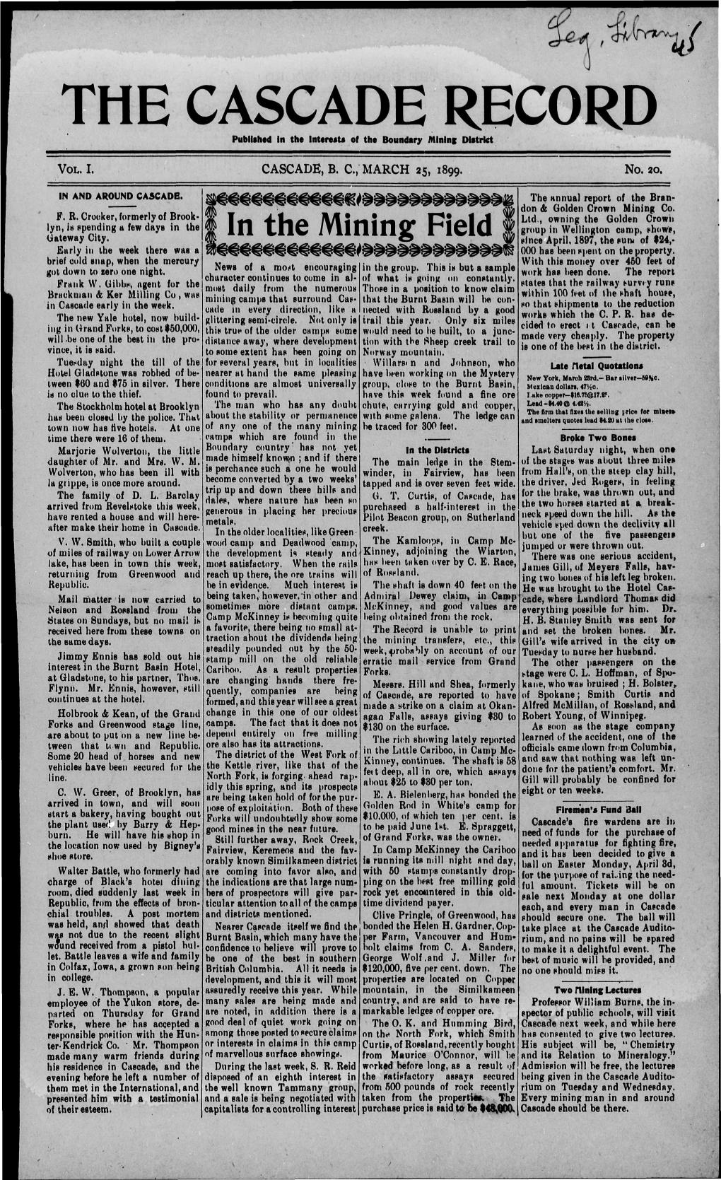 THE CASCADE RECORD Published in the Interest* of the Boundary Mining District