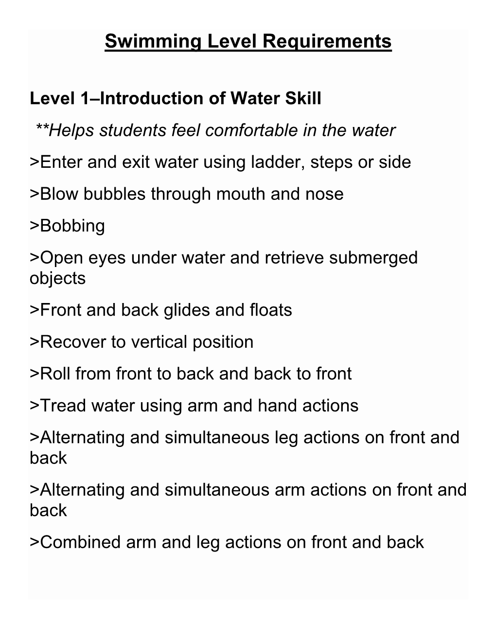 Swimming Level Requirements