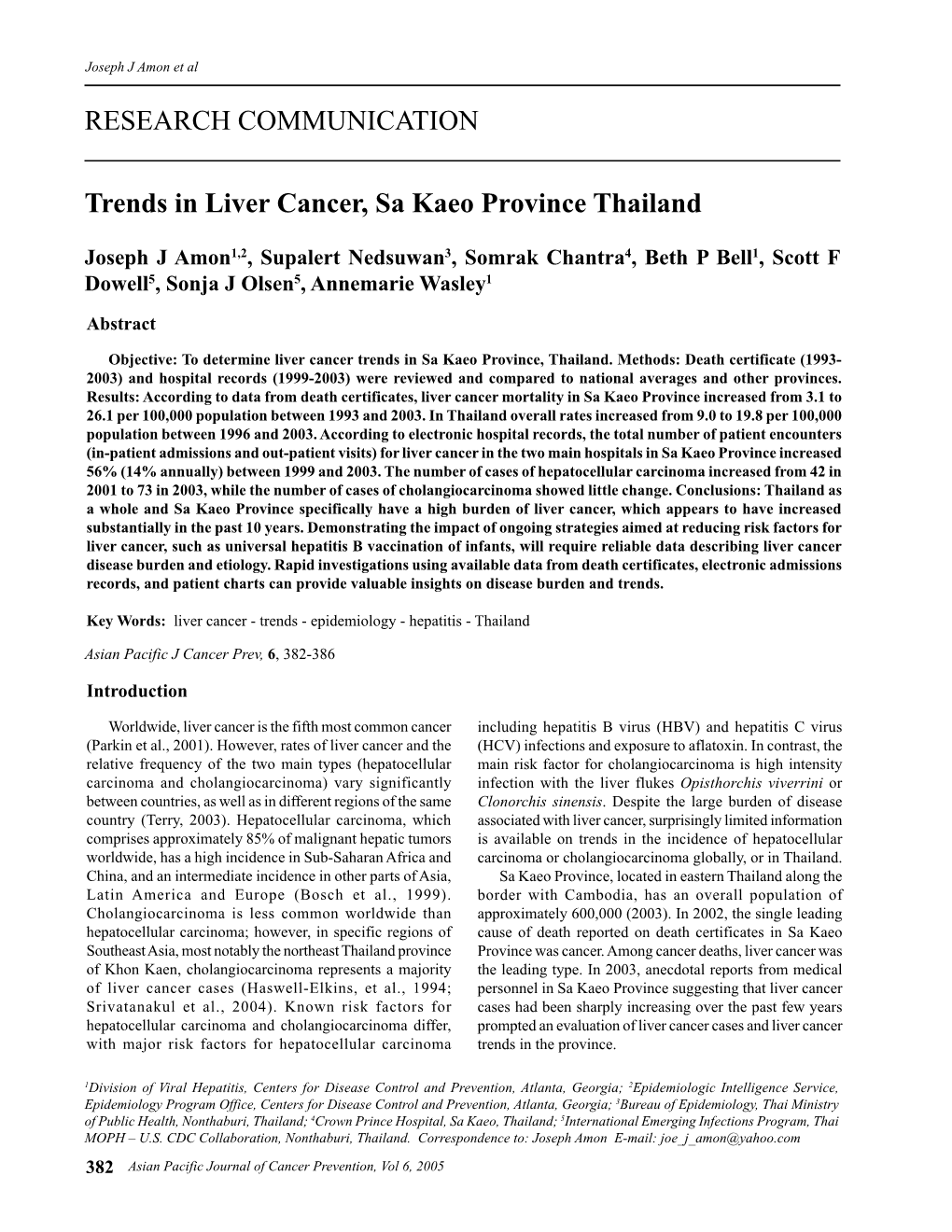 RESEARCH COMMUNICATION Trends in Liver Cancer, Sa Kaeo