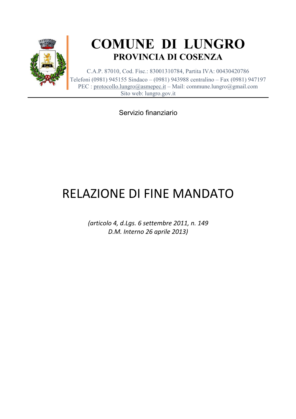 Comune Di Lungro Relazione Di Fine Mandato