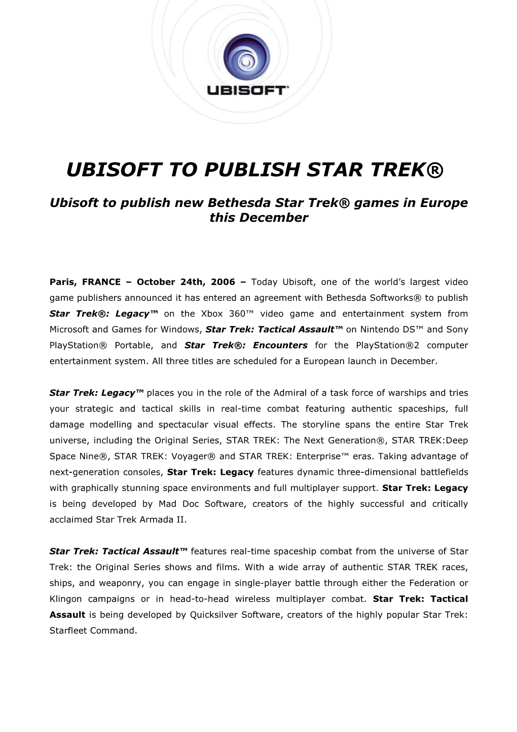 Ubisoft to Publish Star Trek®