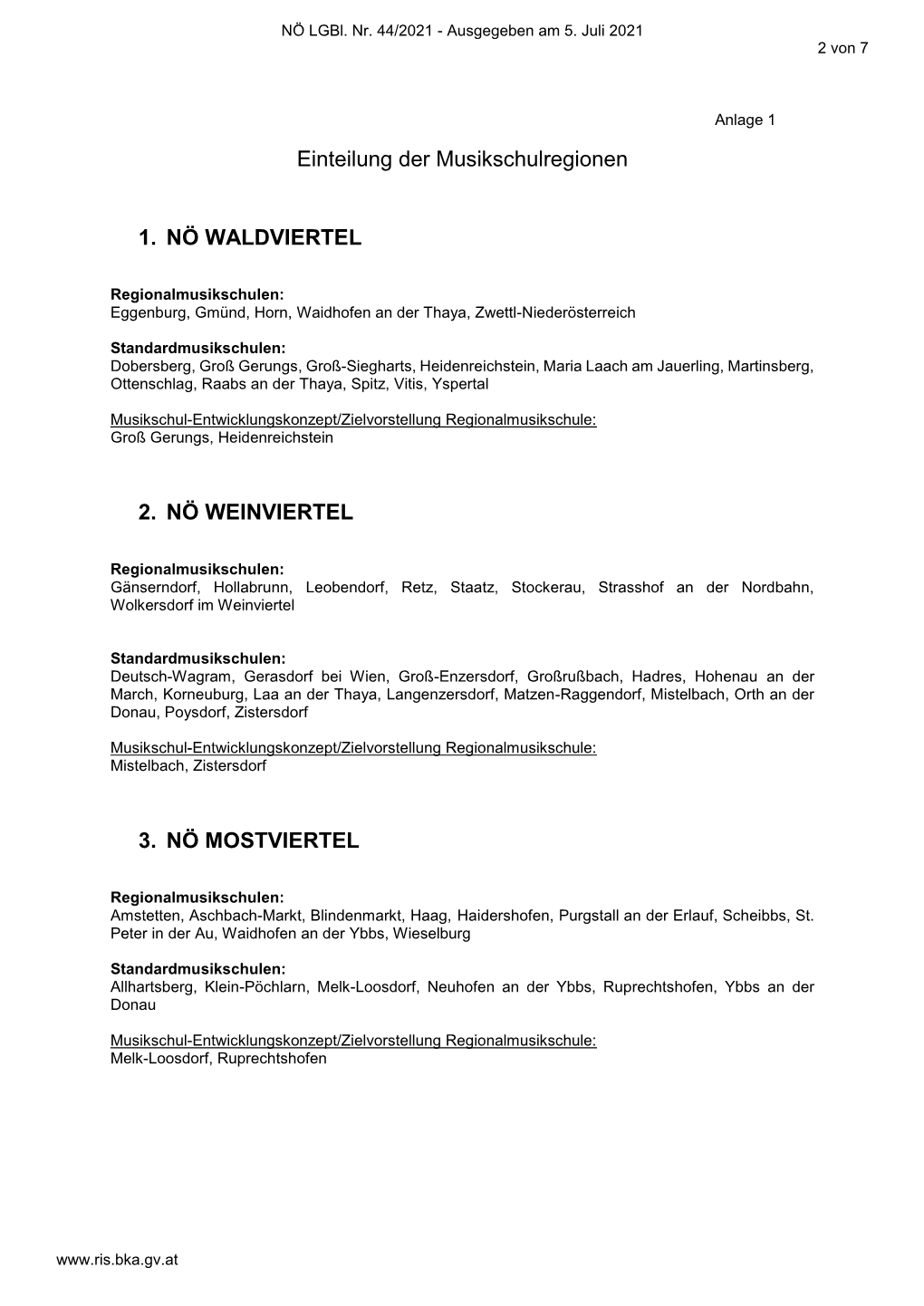 Einteilung Der Musikschulregionen 1. NÖ WALDVIERTEL 2. NÖ WEINVIERTEL 3. NÖ MOSTVIERTEL