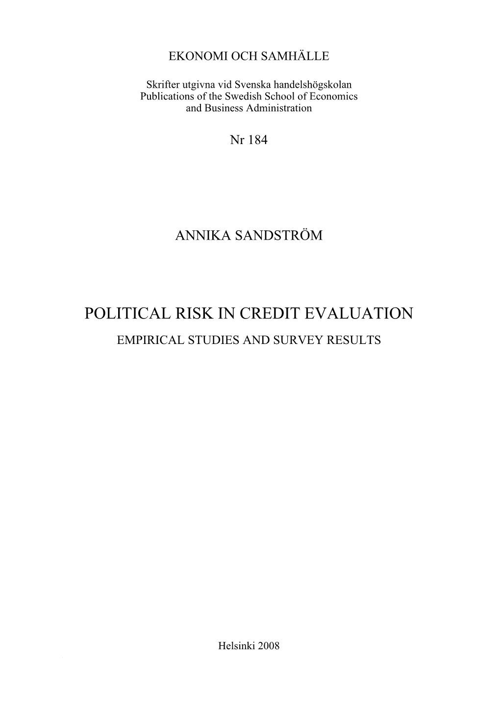 Political Risk in Credit Evaluation Empirical Studies and Survey Results