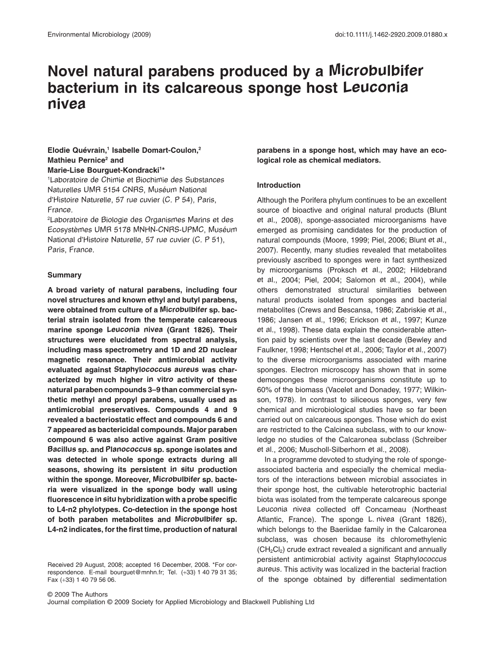 Novel Natural Parabens Produced by a Microbulbifer Bacterium in Its Calcareous Sponge Host Leuconia Nivea