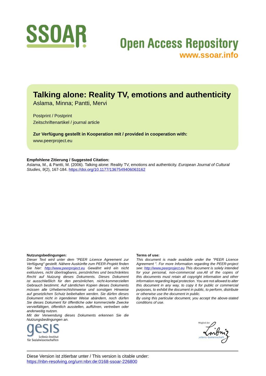 Talking Alone Reality TV, Emotions and Authenticity Minna Aslama University of Helsinki