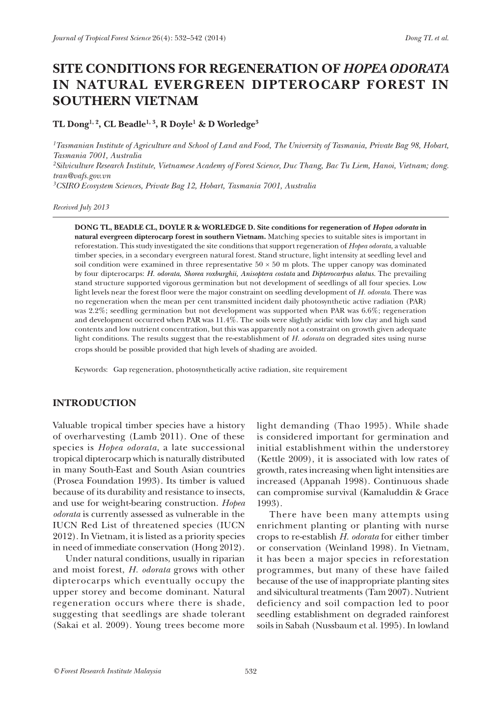 Site Conditions for Regeneration of Hopea Odorata in Natural Evergreen Dipterocarp Forest in Southern Vietnam