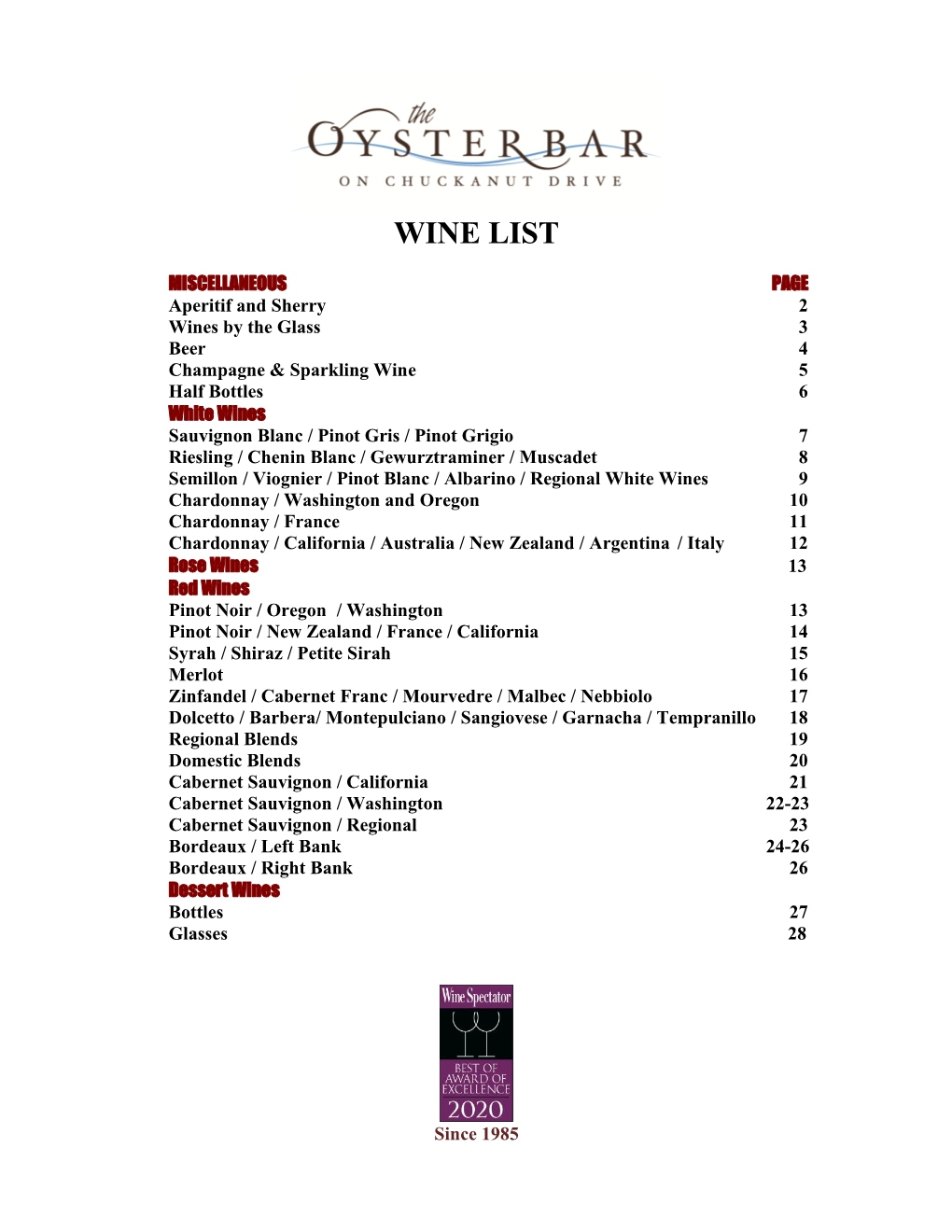 The Oyster Bar Wine List