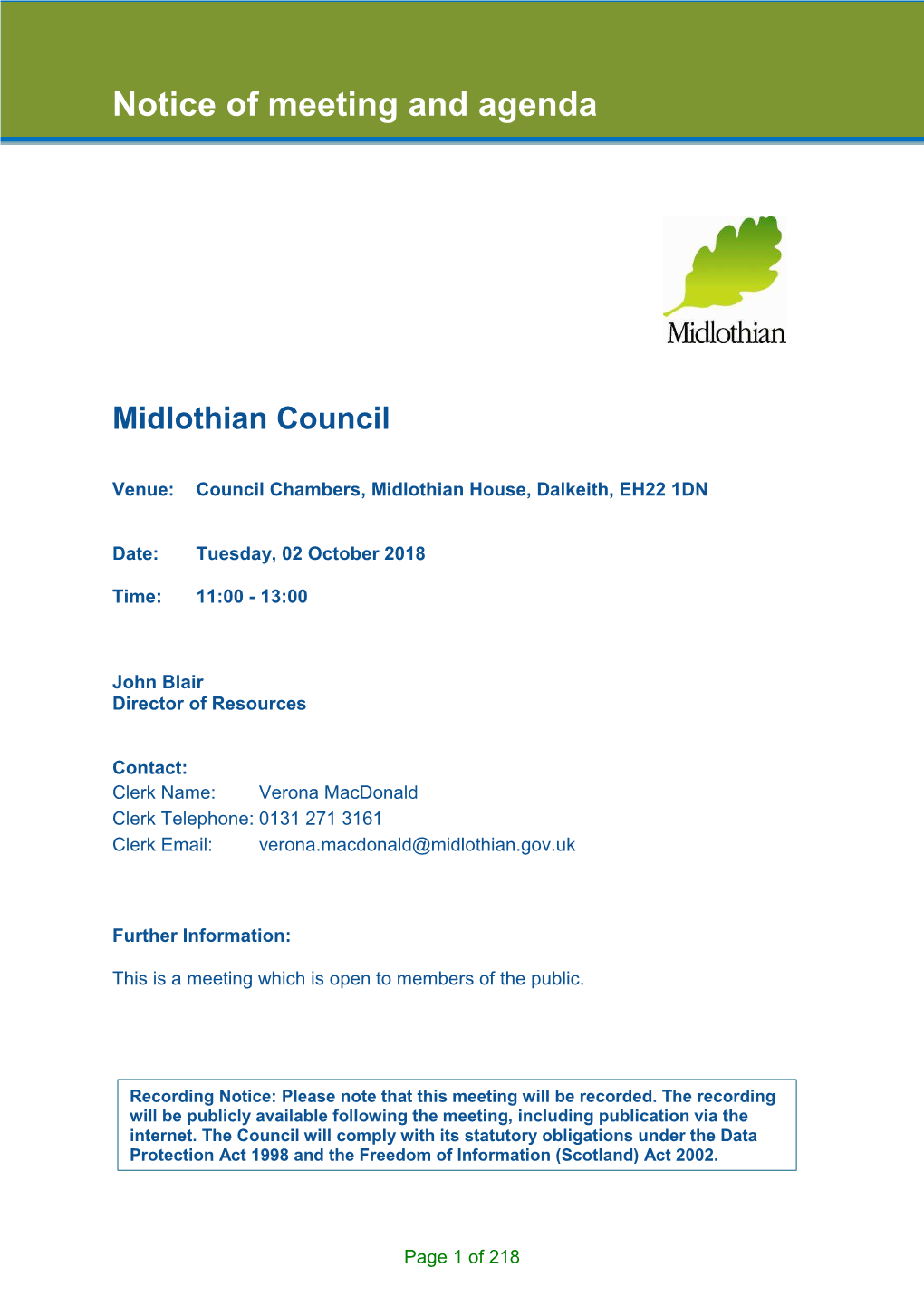Notice of Meeting and Agenda Midlothian Council