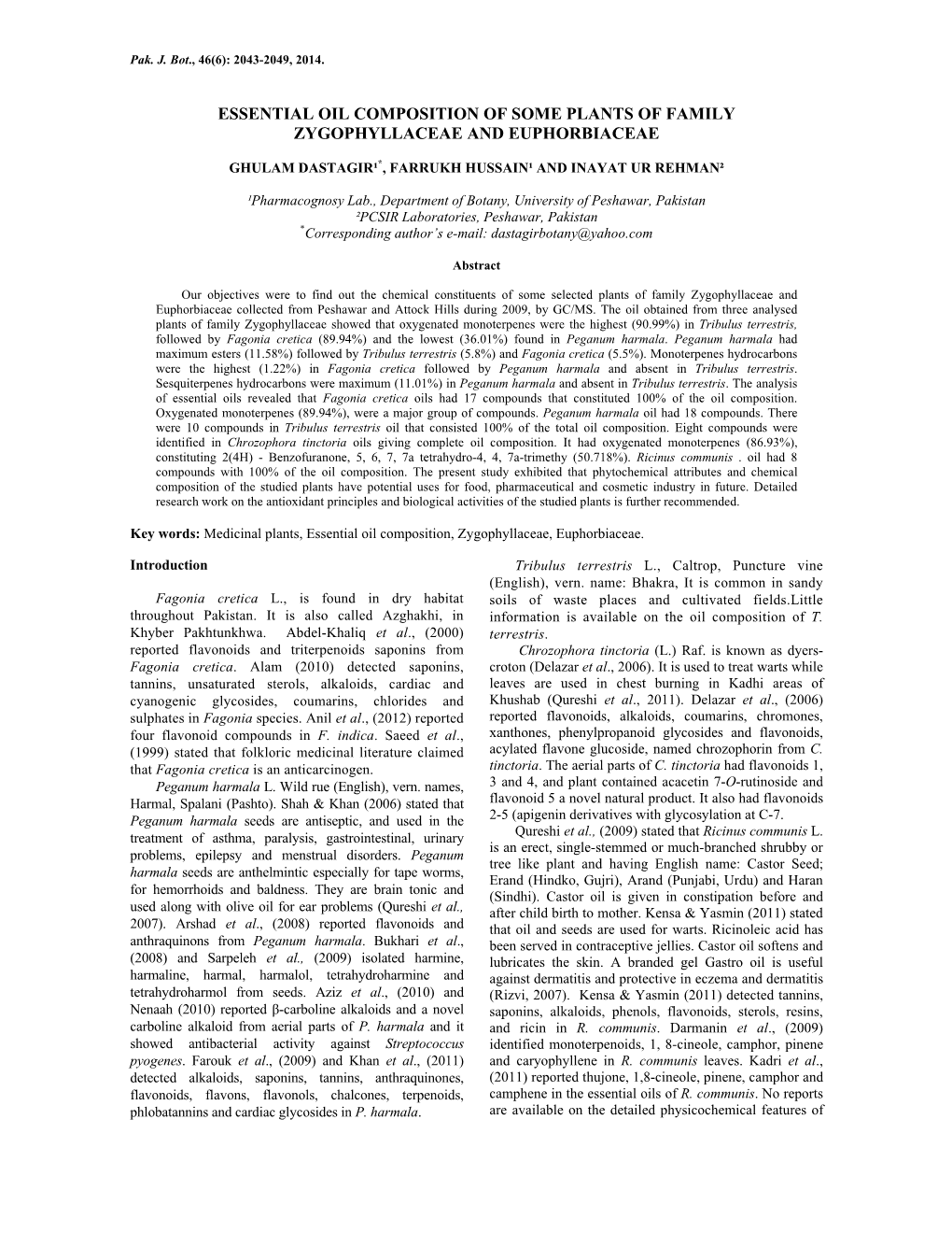 Essential Oil Composition of Some Plants of Family Zygophyllaceae and Euphorbiaceae