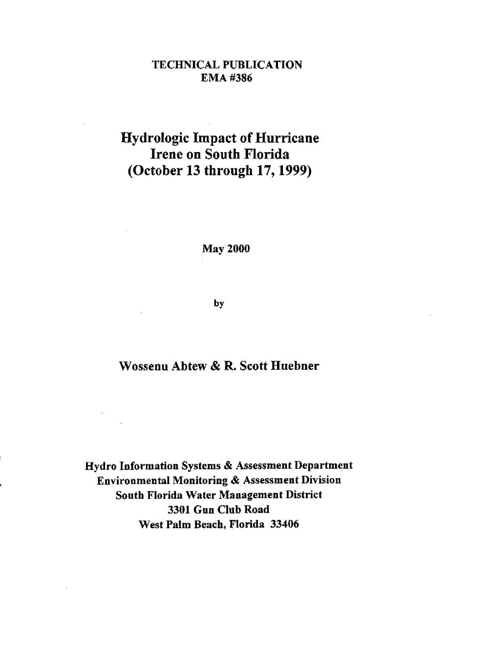 Hydrologic Impact of Hurricane Irene on South Florida (October 13 Through 17, 1999)