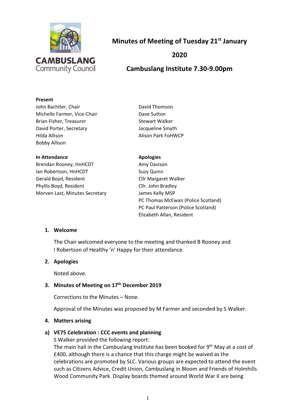 Minutes of Meeting of Tuesday 21St January 2020 Cambuslang Institute 7.30-9.00Pm