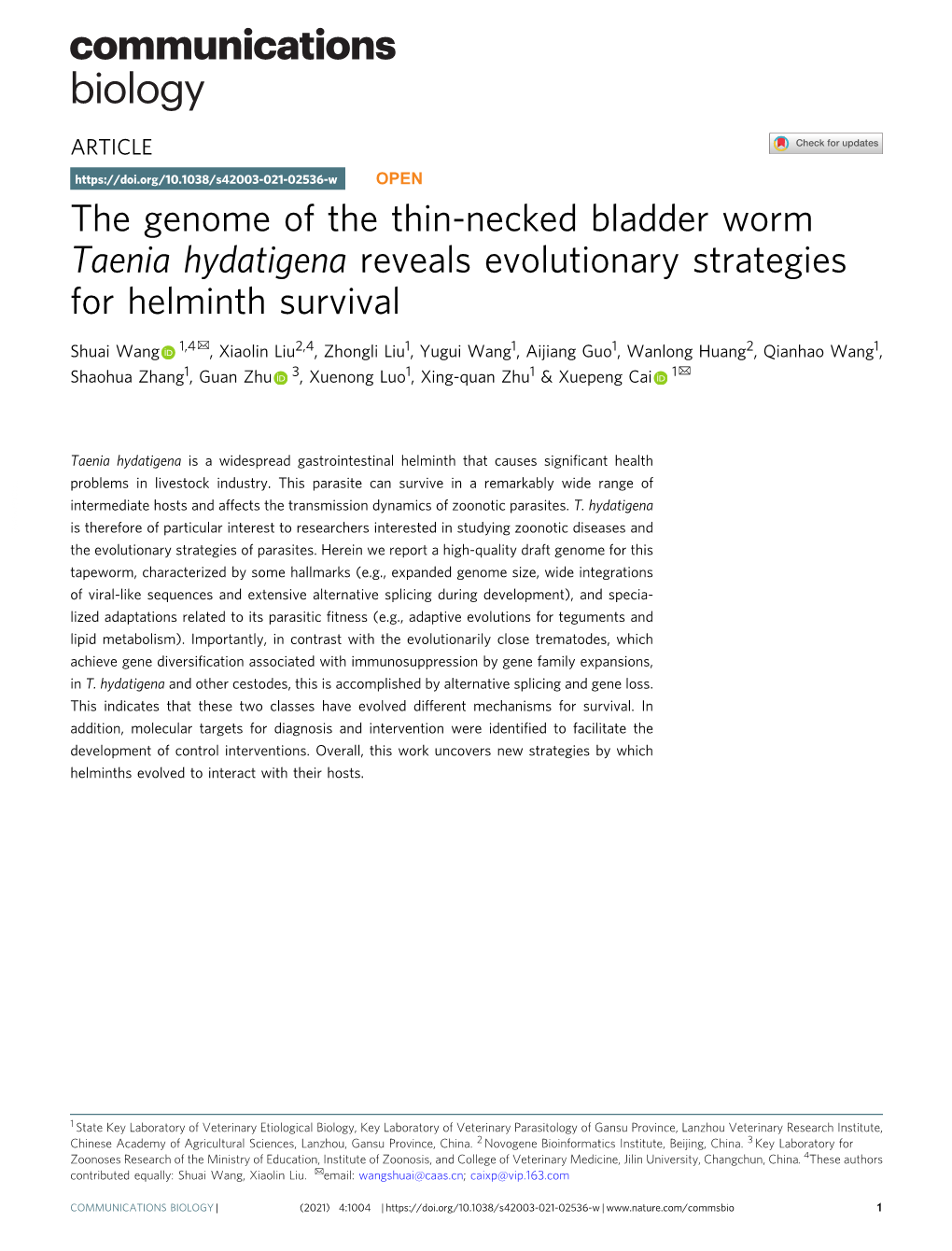 The Genome of the Thin-Necked Bladder Worm Taenia Hydatigena