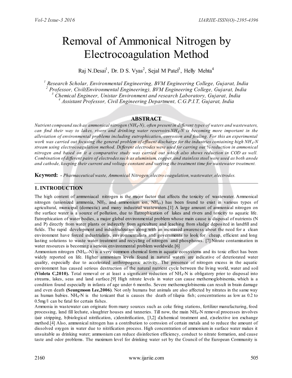 Removal of Ammonical Nitrogen by Electrocoagulation Method