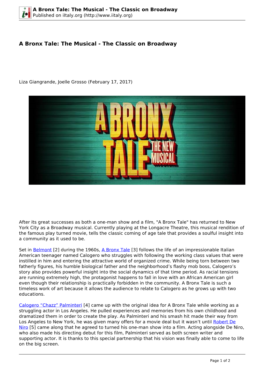 A Bronx Tale: the Musical - the Classic on Broadway Published on Iitaly.Org (