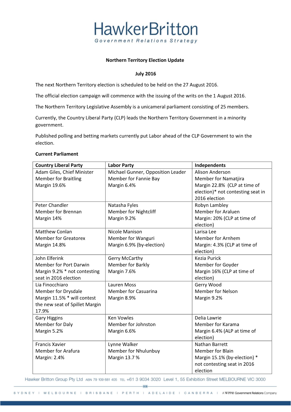 Northern Territory Election Update