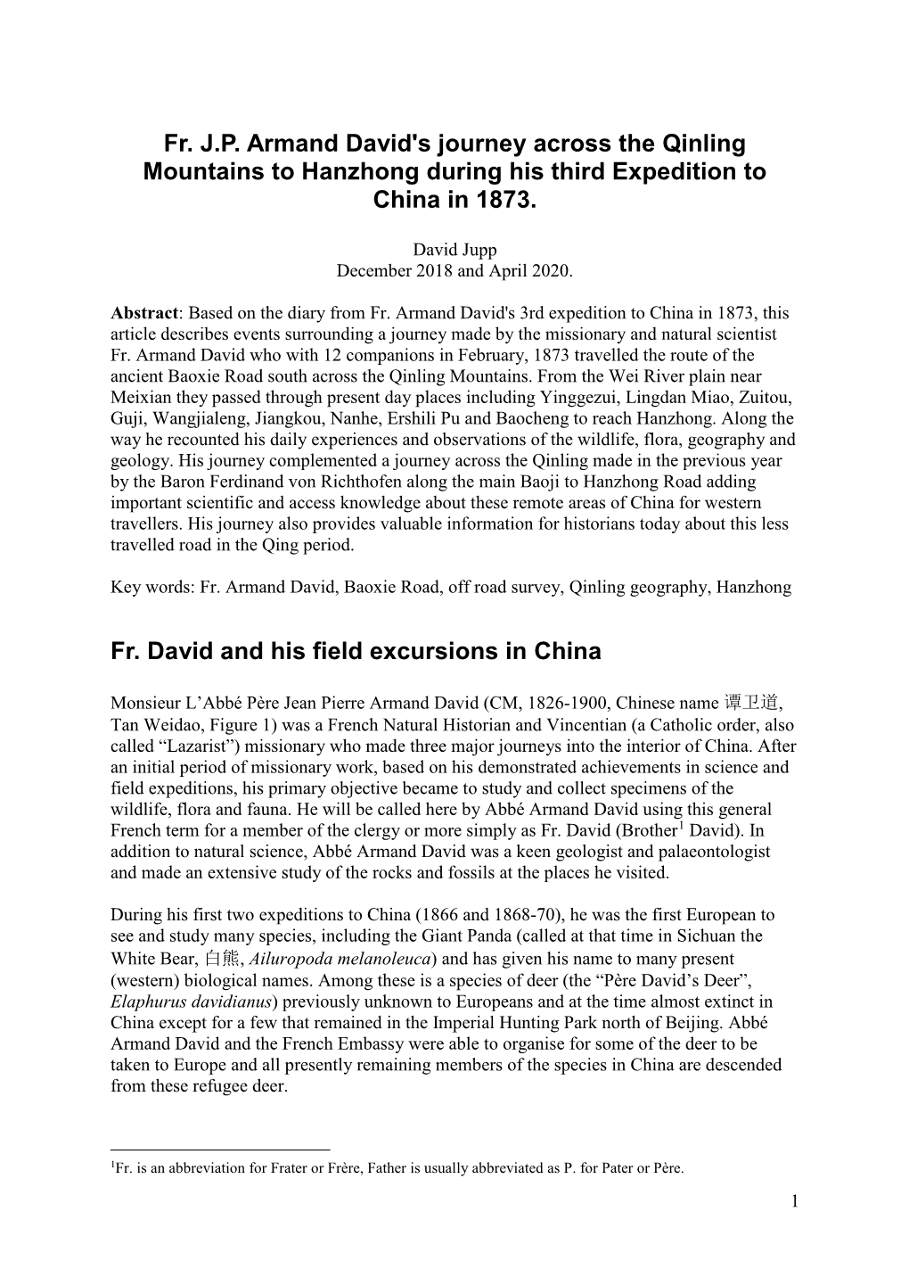 Fr. J.P. Armand David's Journey Across the Qinling Mountains to Hanzhong During His Third Expedition to China in 1873. Fr. David