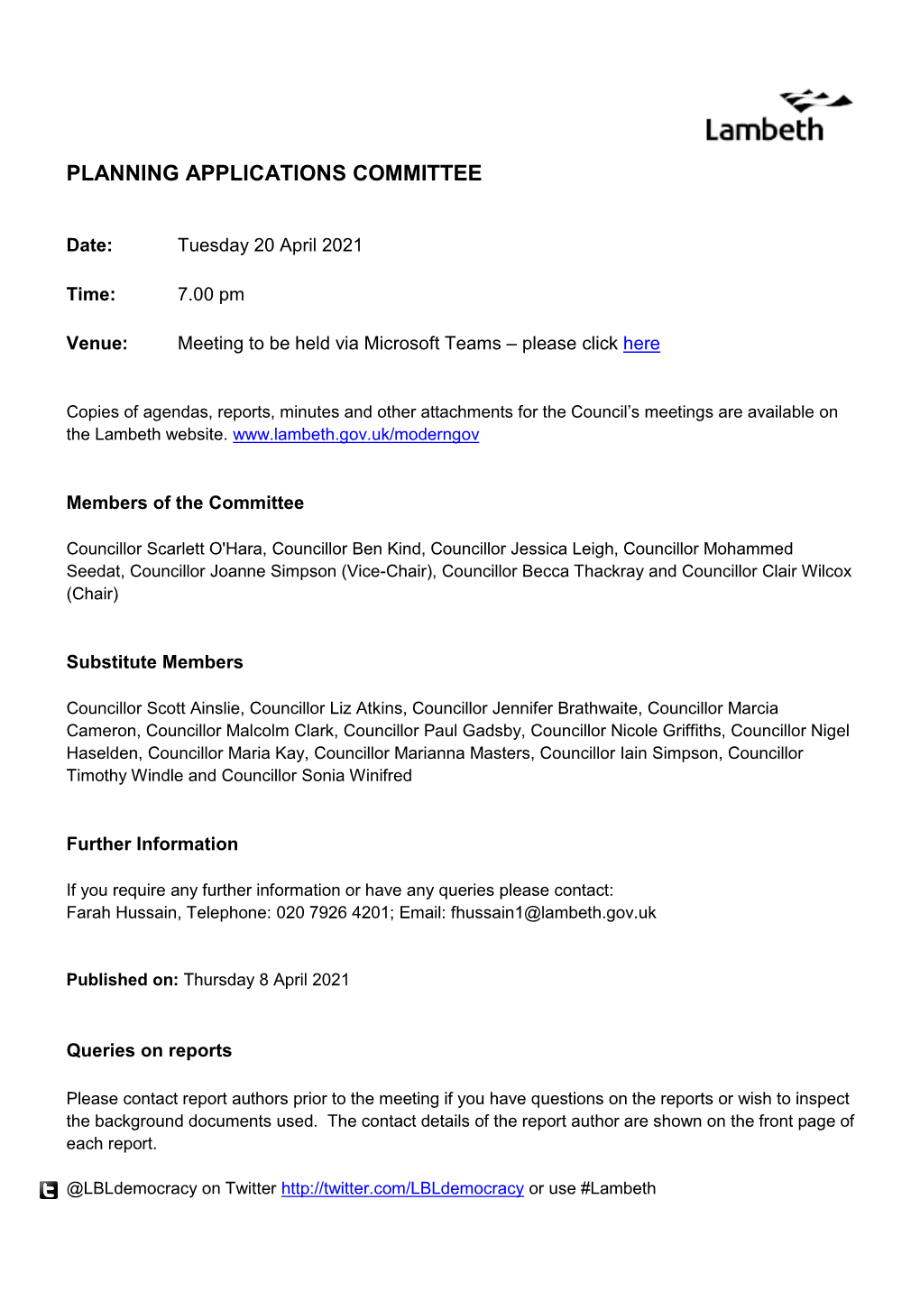 (Public Pack)Agenda Document for Planning Applications Committee, 20/04/2021 19:00