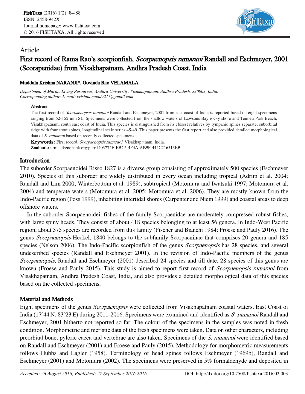 Article First Record of Rama Rao's Scorpionfish, Scorpaenopsis