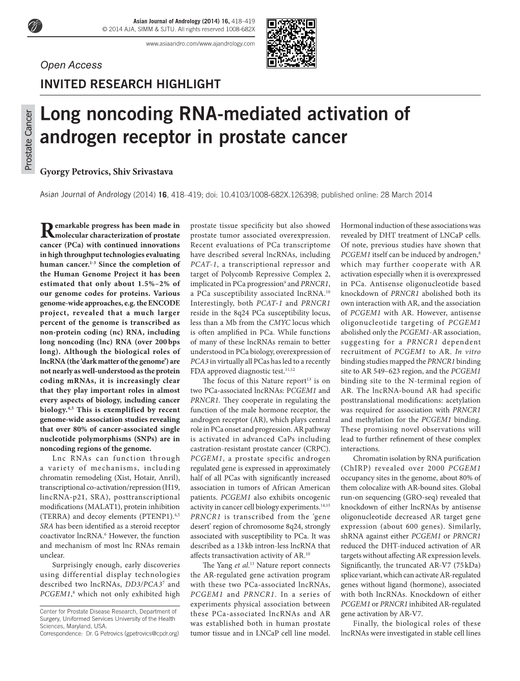 Long Noncoding RNA‑Mediated Activation of Androgen Receptor in Prostate Cancer