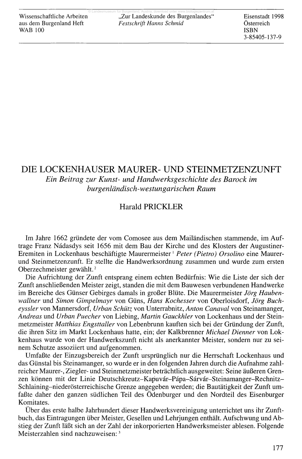 DIE LOCKENHAUSER MAURER- UND STEINMETZENZUNFT Ein Beitrag Zur Kunst- Und Handwerks Geschickte Des Barock Im Burgenländisch-Westungarischen Raum Harald PRICKLER