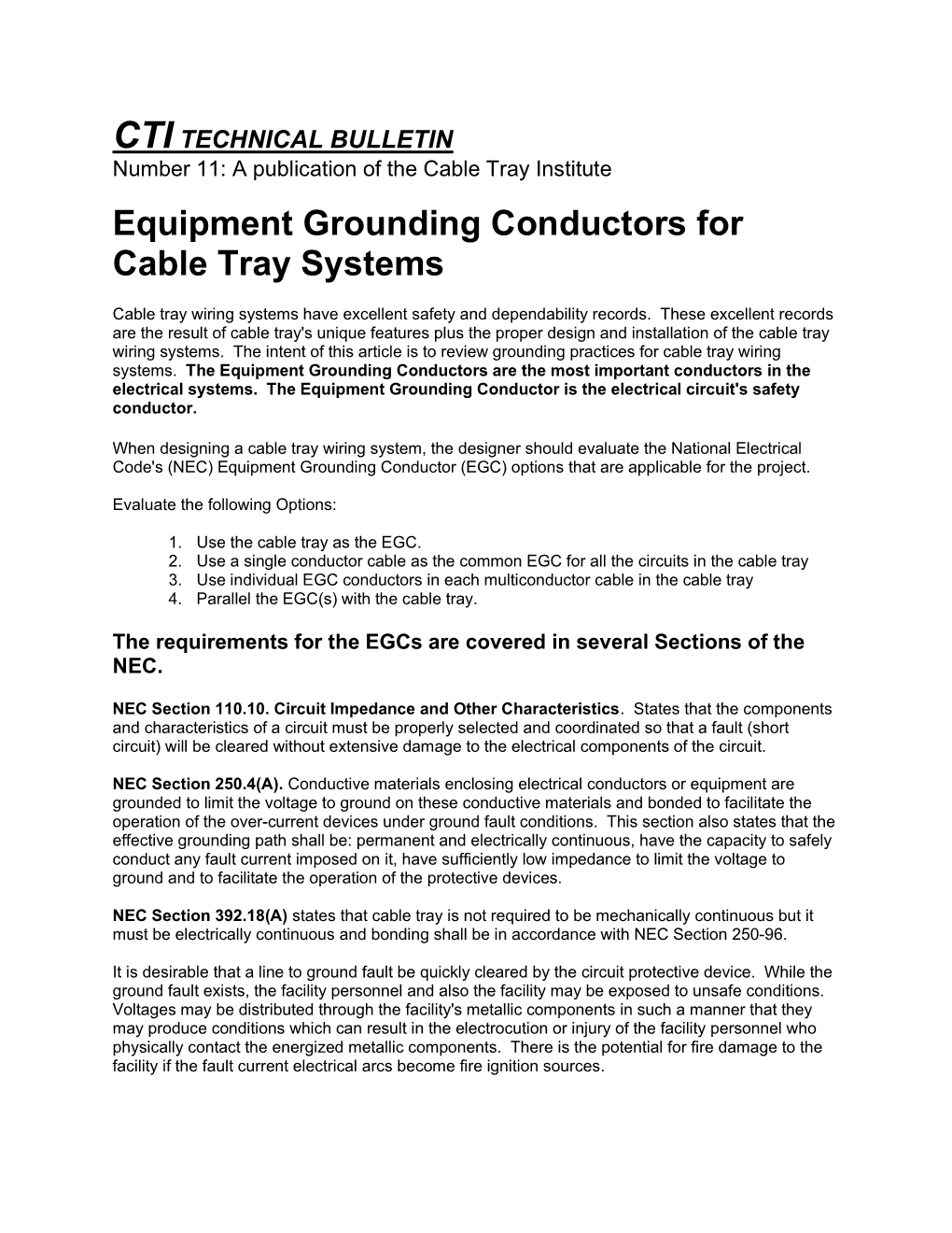Equipment Grounding Conductors for Cable Tray Systems