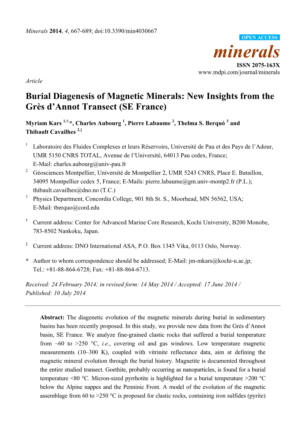 Burial Diagenesis of Magnetic Minerals: New Insights from the Grès D'annot Transect (SE France)