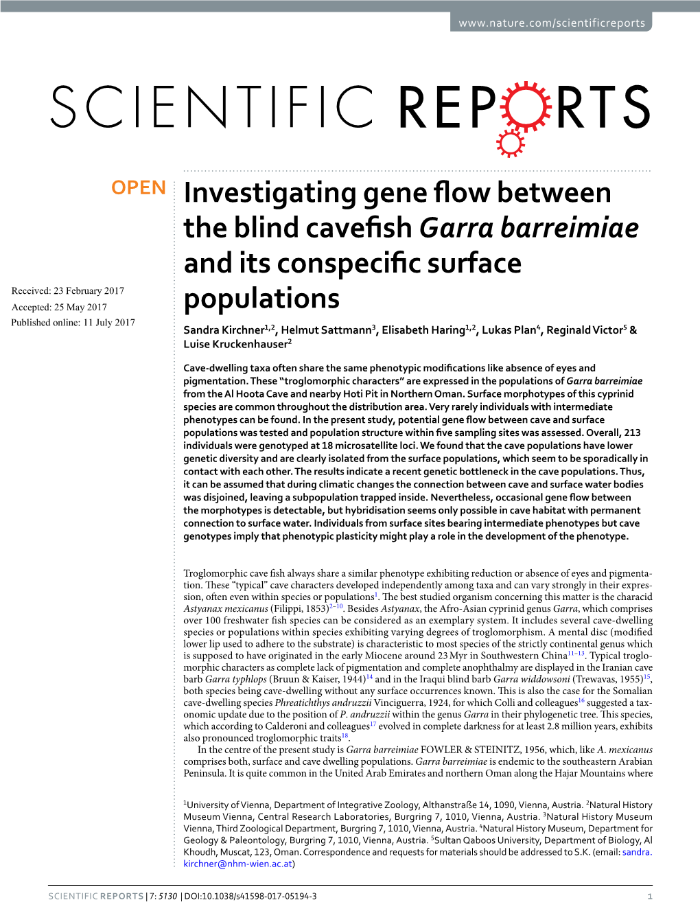 Investigating Gene Flow Between the Blind Cavefish Garra Barreimiae and Its Conspecific Surface Populations