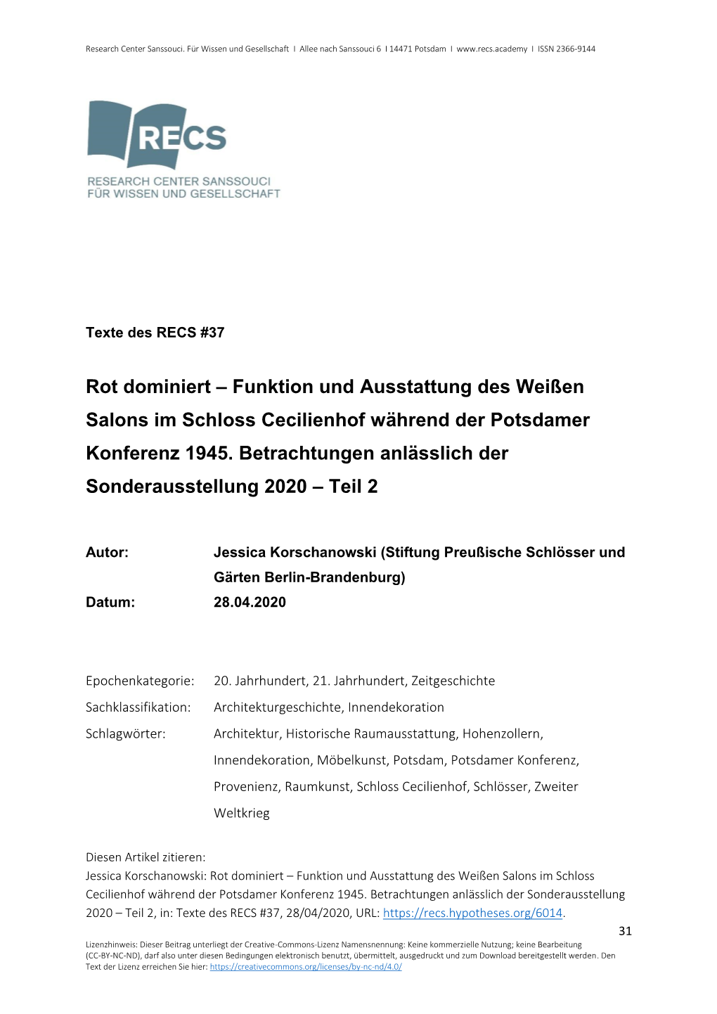 Funktion Und Ausstattung Des Weißen Salons Im Schloss Cecilienhof Während Der Potsdamer Konferenz 1945. Betrachtungen Anlässlich Der Sonderausstellung 2020 – Teil 2