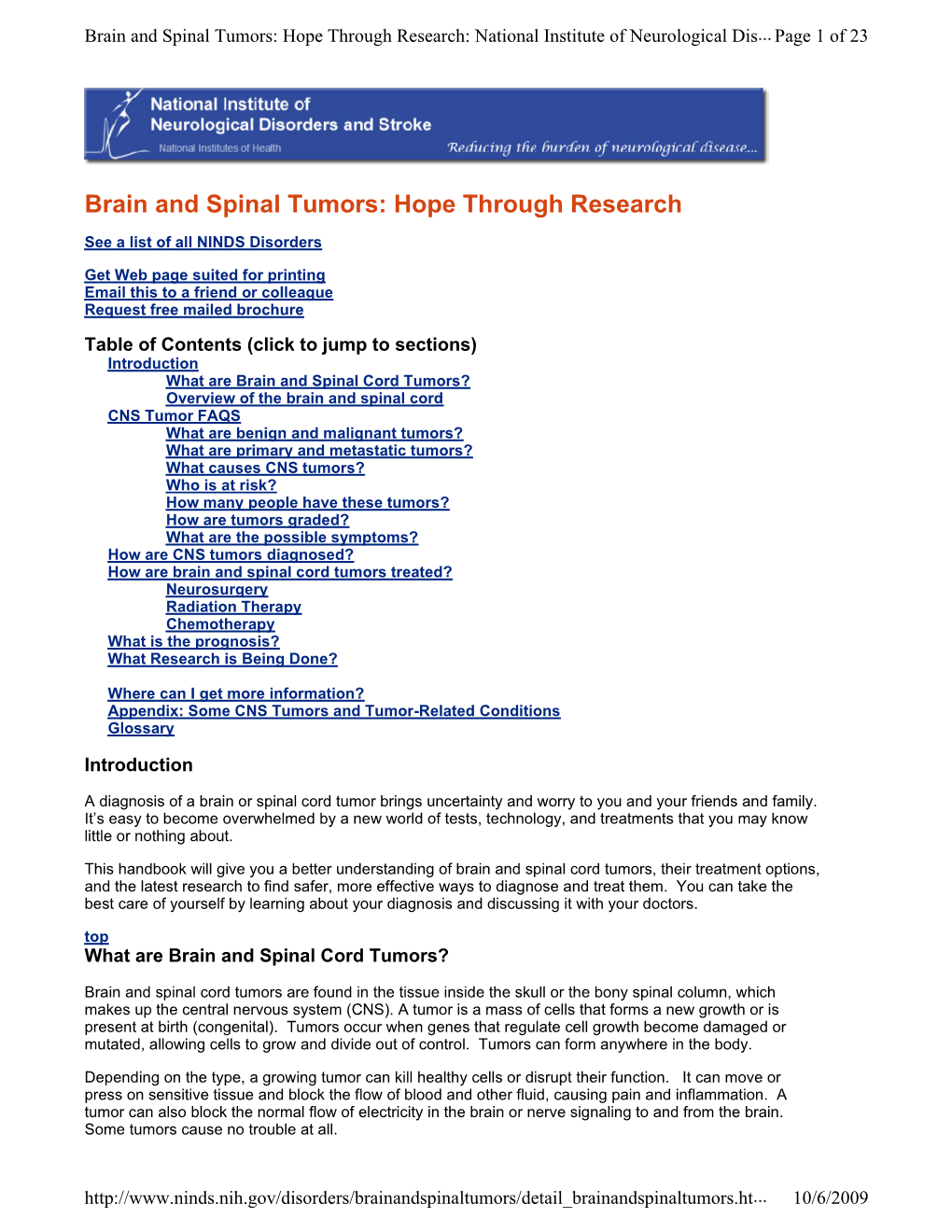 Brain and Spinal Tumors: Hope Through Research: National Institute of Neurological Dis