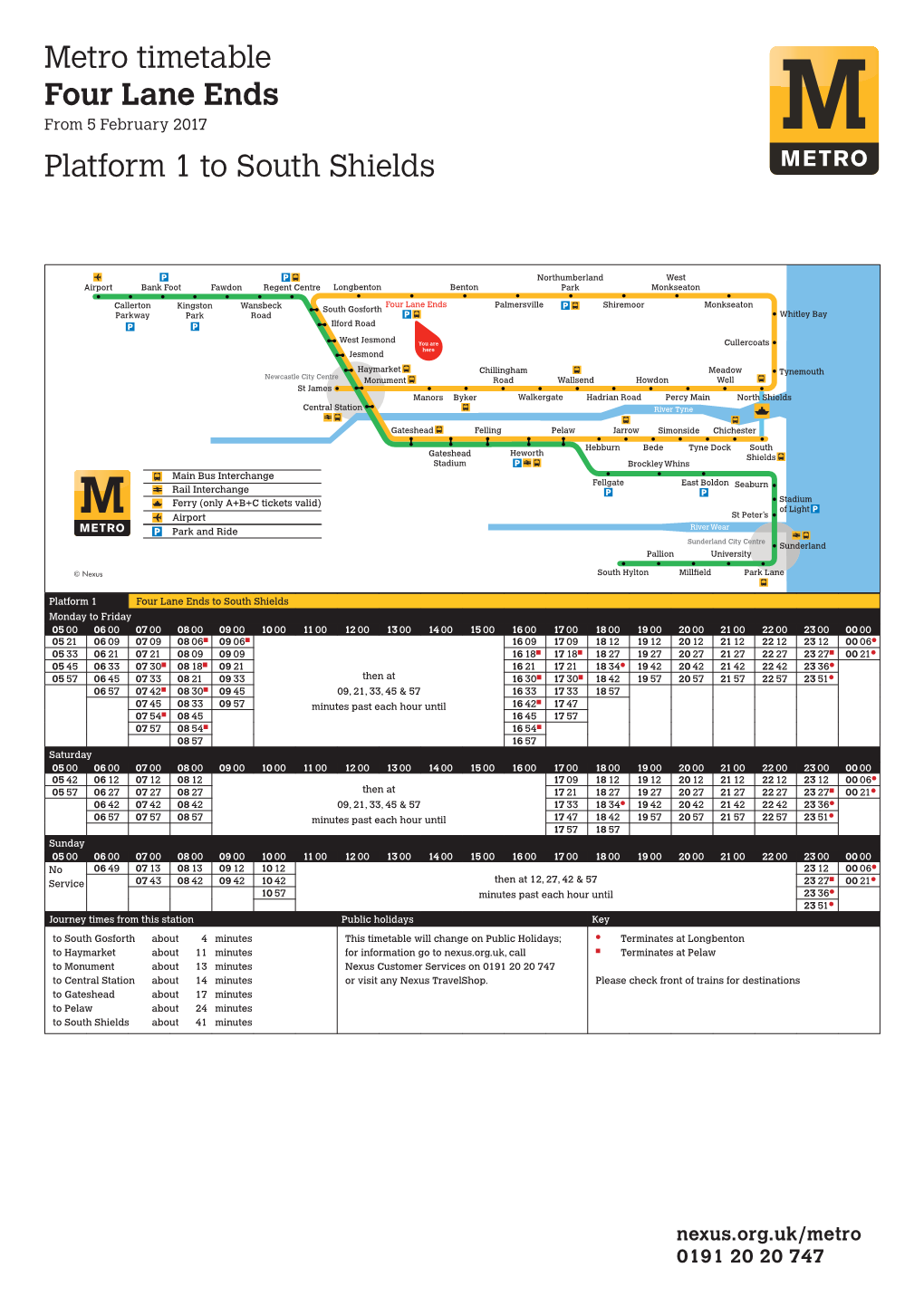 Metro Timetable Four Lane Ends from 5 February 2017 Platform 1 to South Shields