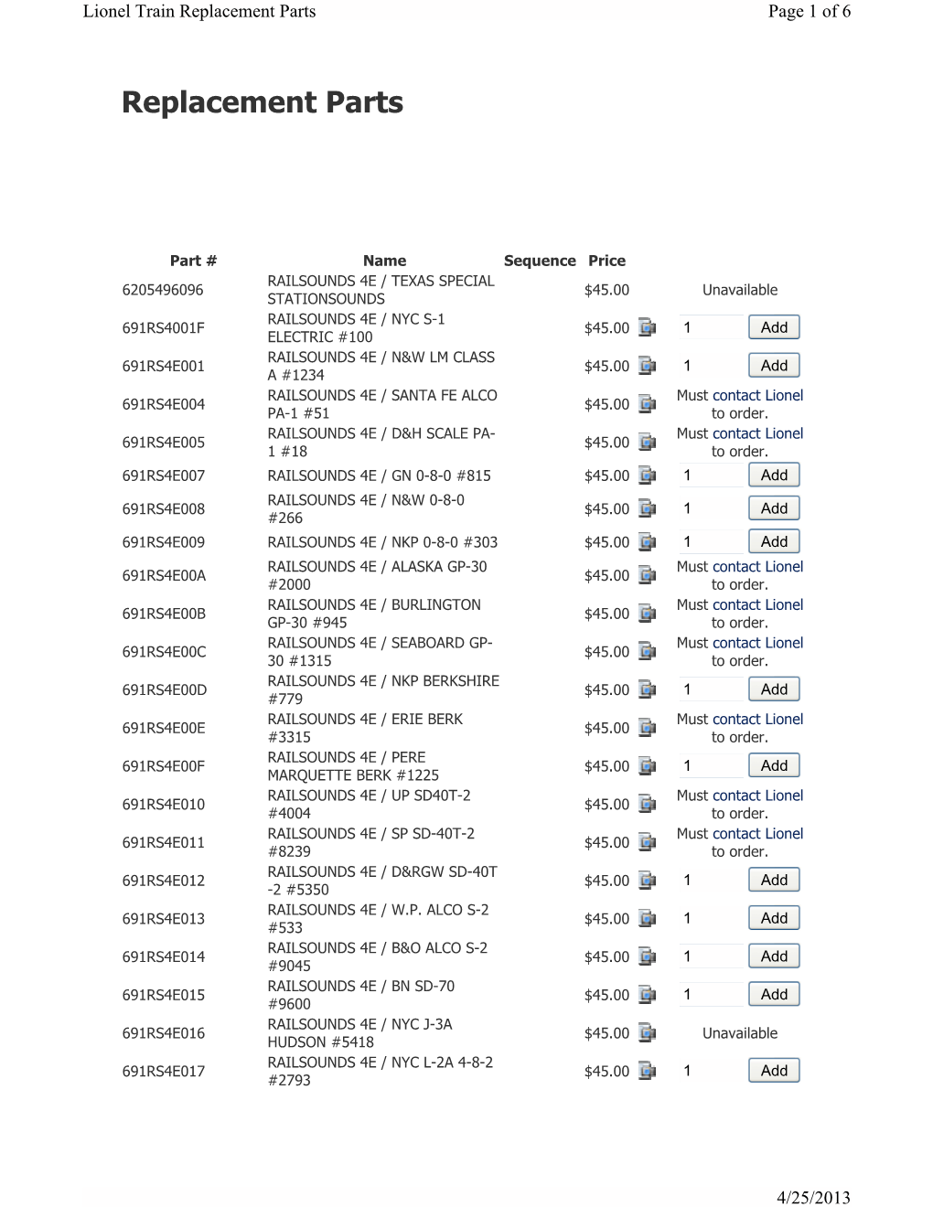 Replacement Parts Page 1 of 6