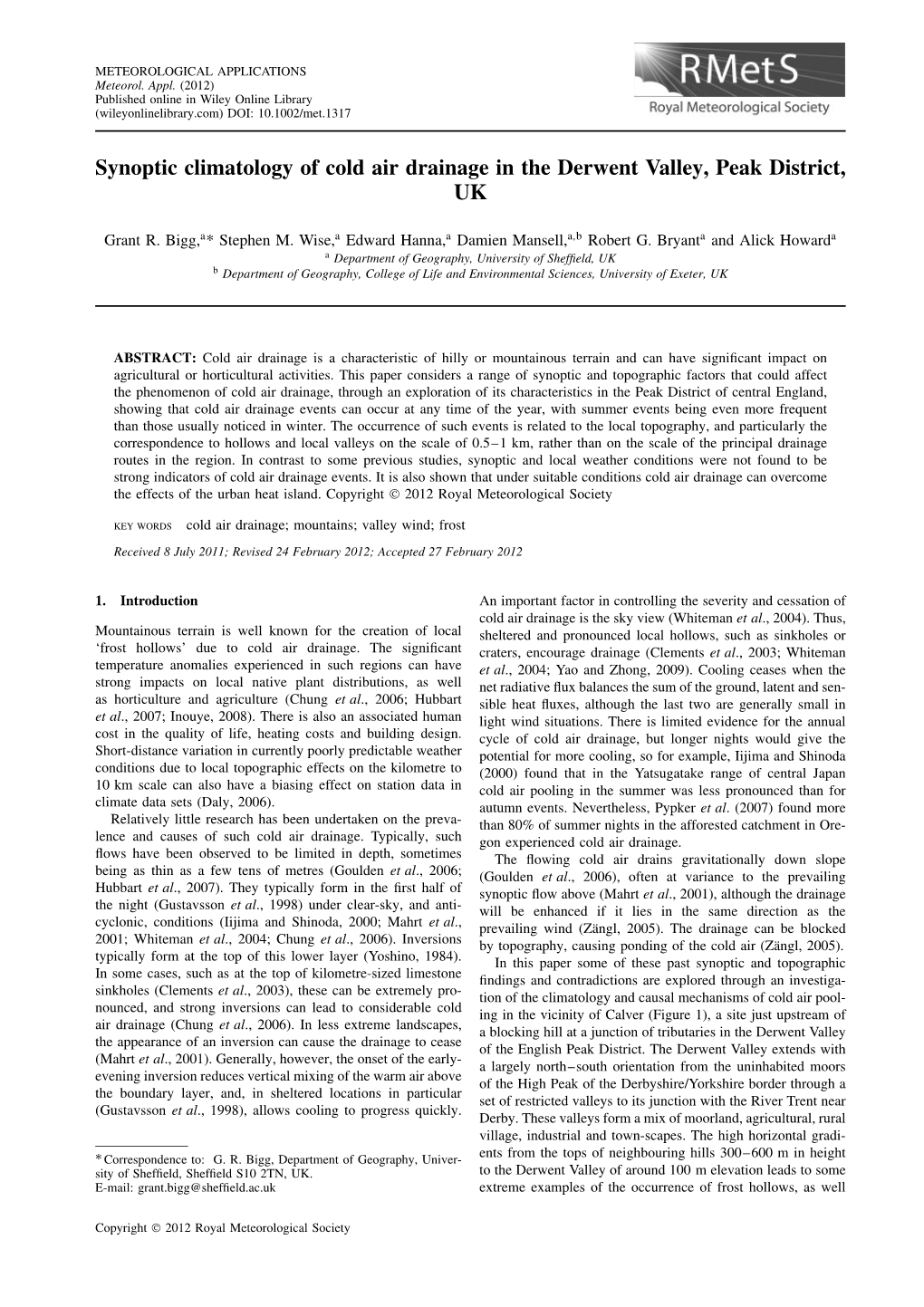 Synoptic Climatology of Cold Air Drainage in the Derwent Valley, Peak District, UK