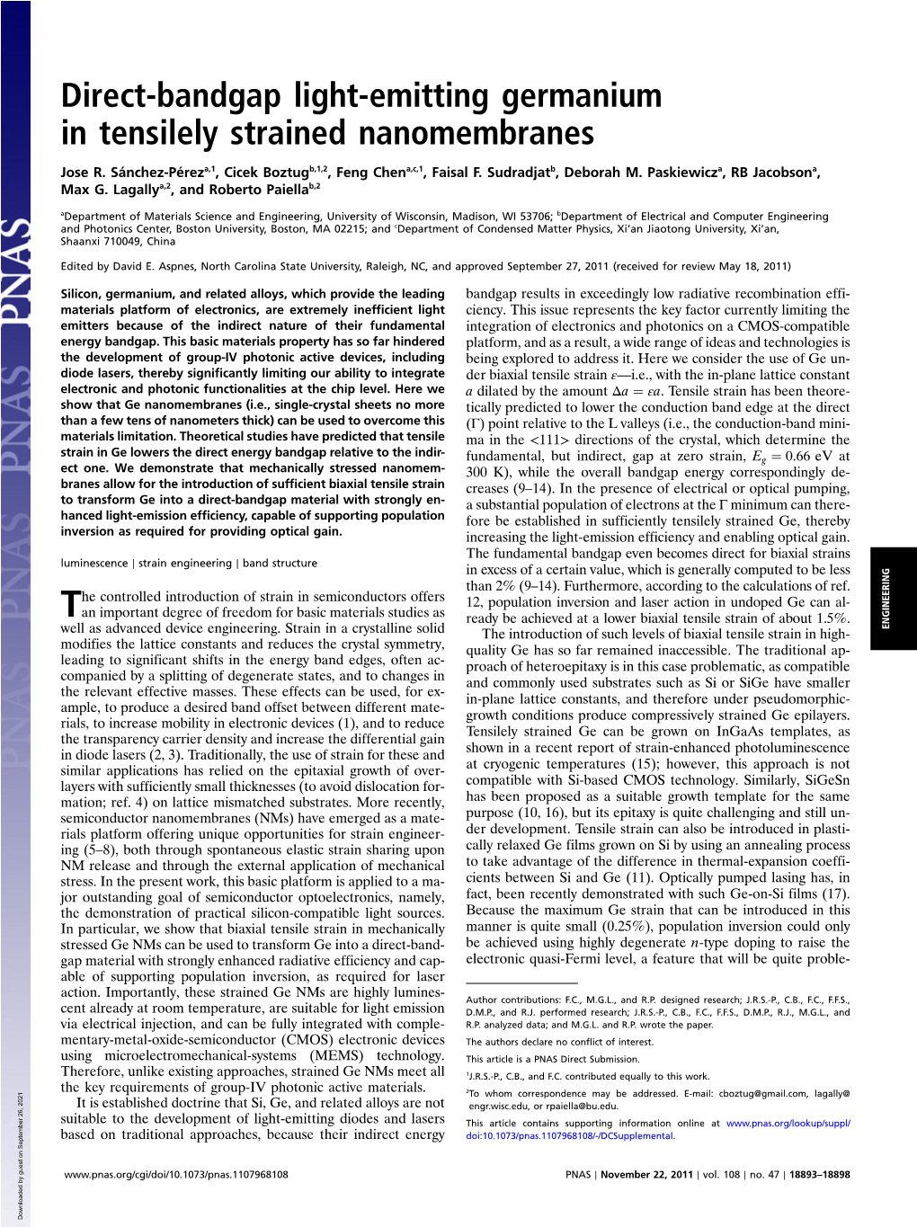 Direct-Bandgap Light-Emitting Germanium in Tensilely Strained Nanomembranes