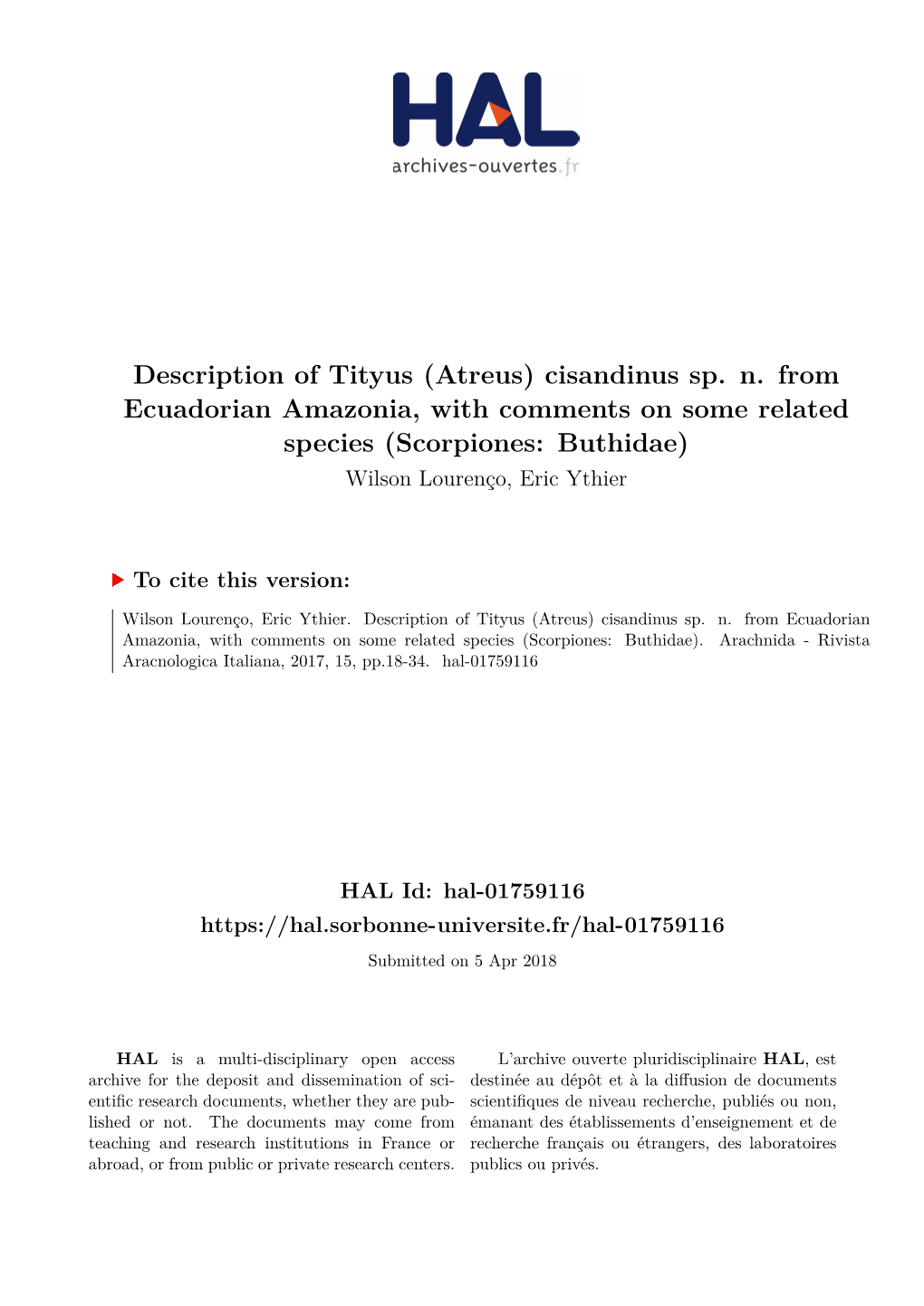 Description of Tityus (Atreus) Cisandinus Sp