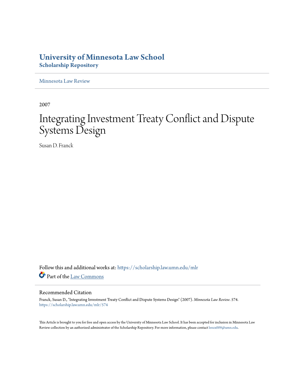 Integrating Investment Treaty Conflict and Dispute Systems Design Susan D