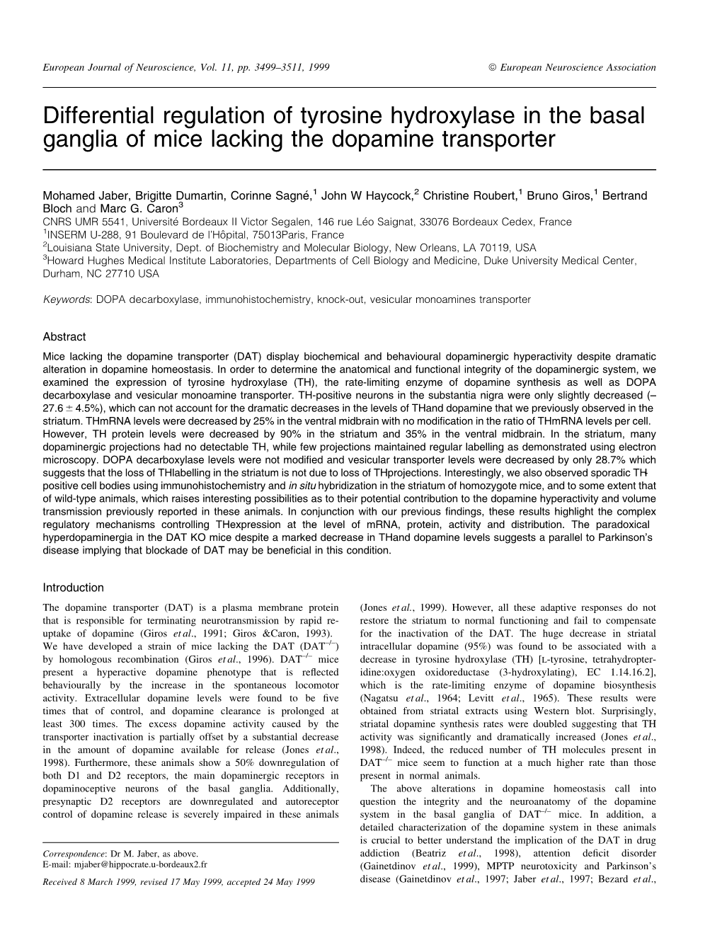 Differential Regulation of Tyrosine Hydroxylase in the Basal Ganglia of Mice Lacking the Dopamine Transporter