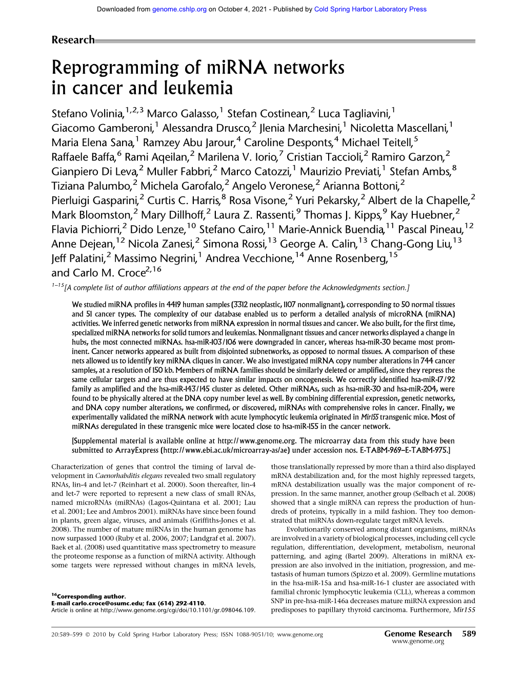 Reprogramming of Mirna Networks in Cancer and Leukemia