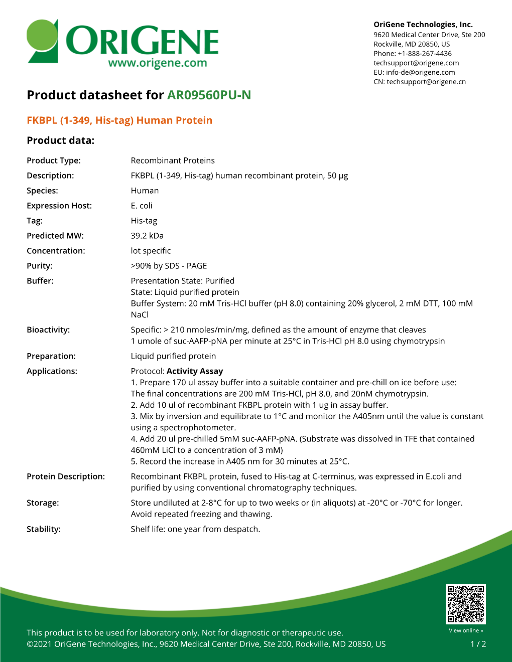 FKBPL (1-349, His-Tag) Human Protein – AR09560PU-N | Origene