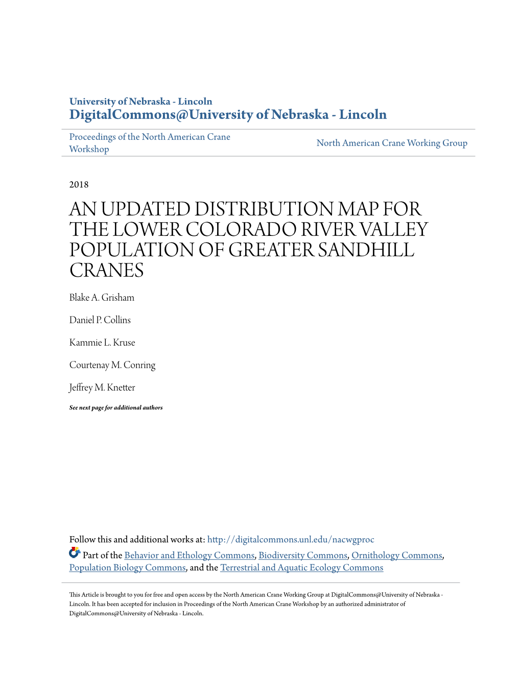 AN UPDATED DISTRIBUTION MAP for the LOWER COLORADO RIVER VALLEY POPULATION of GREATER SANDHILL CRANES Blake A